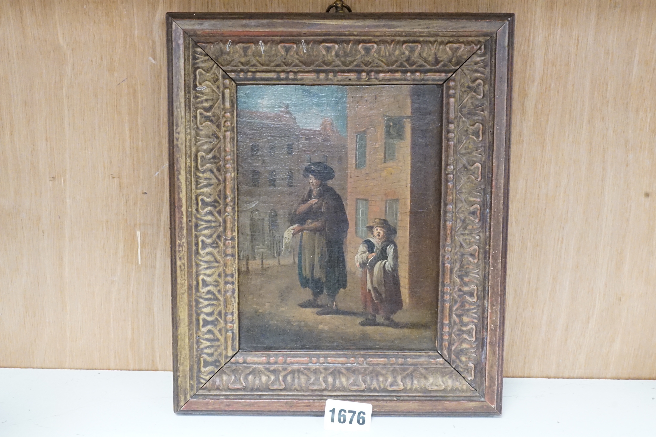 18th century English School, oil on canvas, ‘’Street vendors, one selling lace’’, 18 x 13cms.